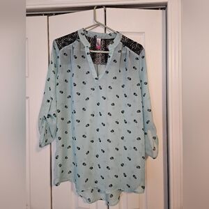 No Boundaries Sky Blue Blouse with Black Lace Accents